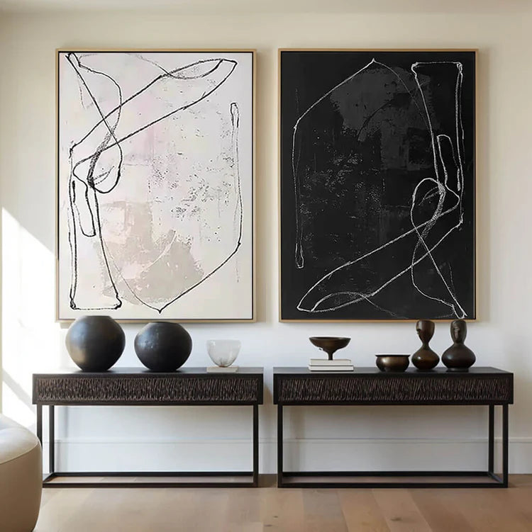 Black &amp; White Minimal Line Diptych  TA