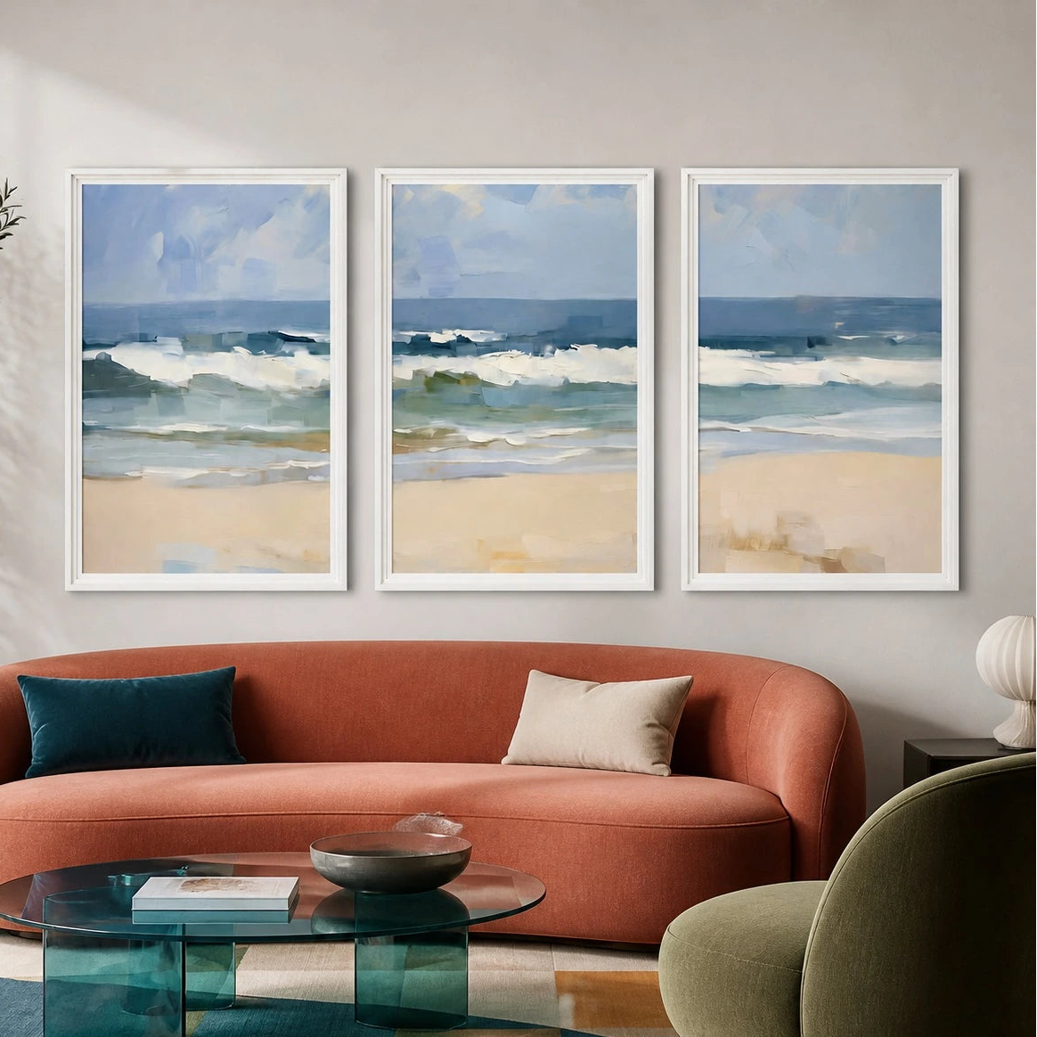 Coastal Beach Wave Ocean Wall Art Triptych – TP#1409 — Existing room preview room preview
