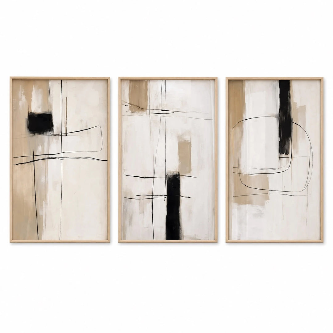 Beige and Black Japandi Abstract Wall Art Triptych – TP