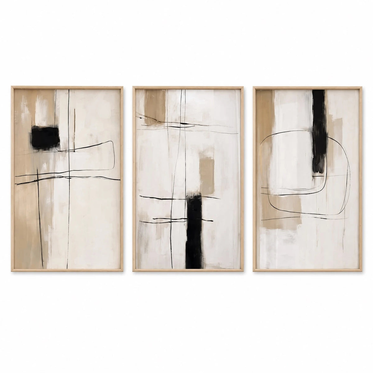 Beige and Black Japandi Abstract Wall Art Triptych – TP#1405