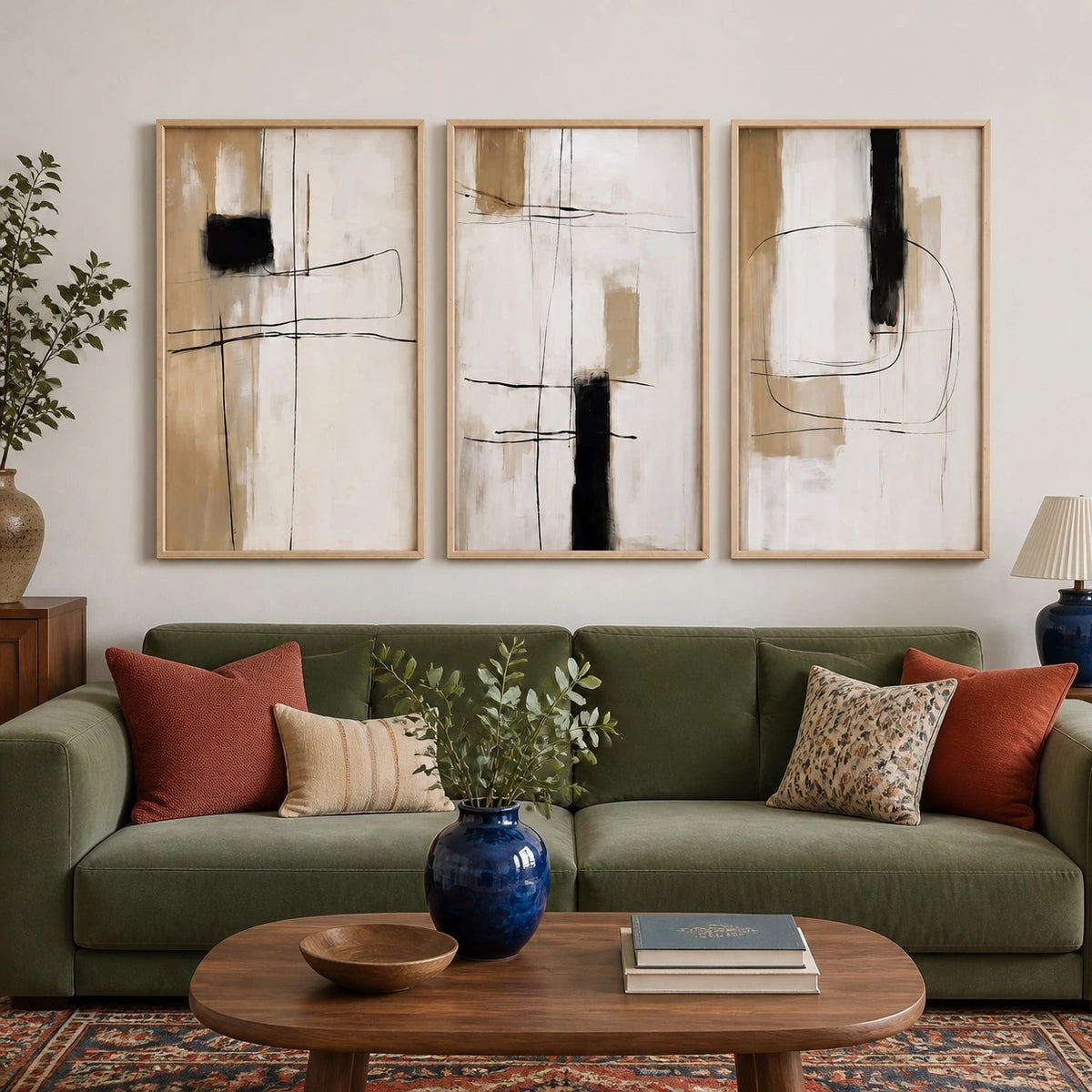 Beige and Black Japandi Abstract Wall Art Triptych – TP#1405