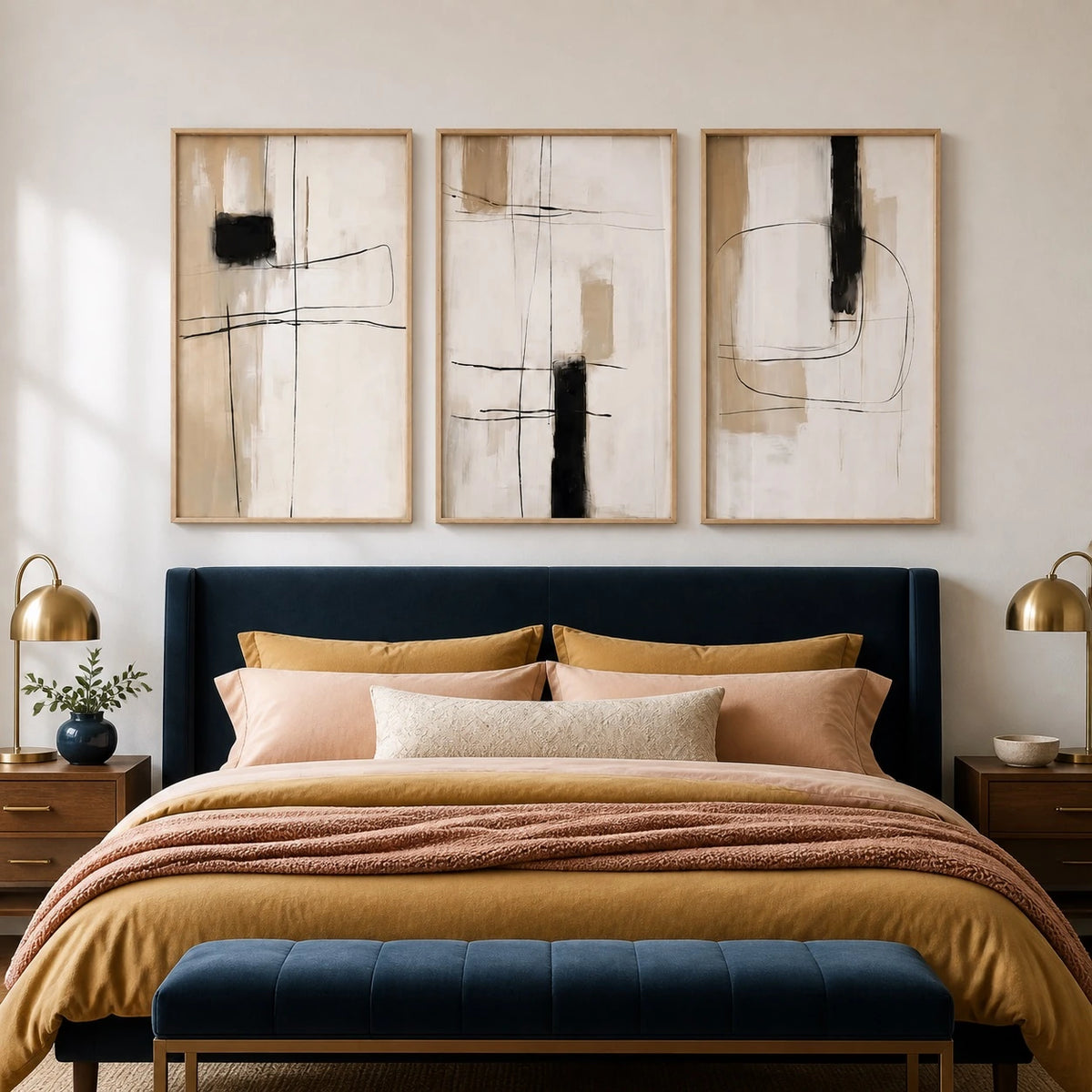 Beige and Black Japandi Abstract Wall Art Triptych – TP#1405