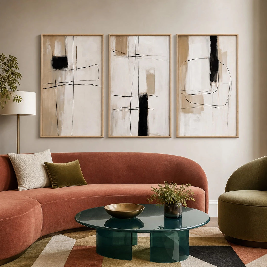 Beige and Black Japandi Abstract Wall Art Triptych – TP