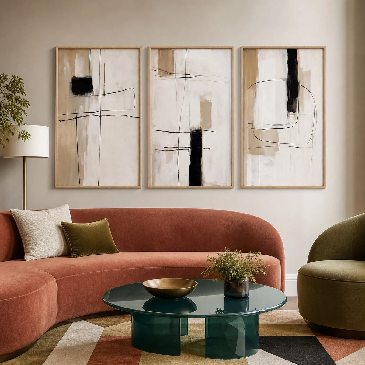 Beige and Black Japandi Abstract Wall Art Triptych – TP#1405