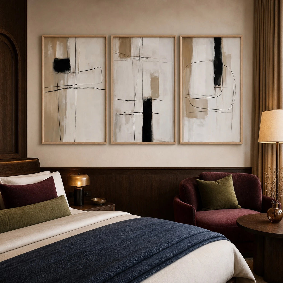 Beige and Black Japandi Abstract Wall Art Triptych – TP#1405
