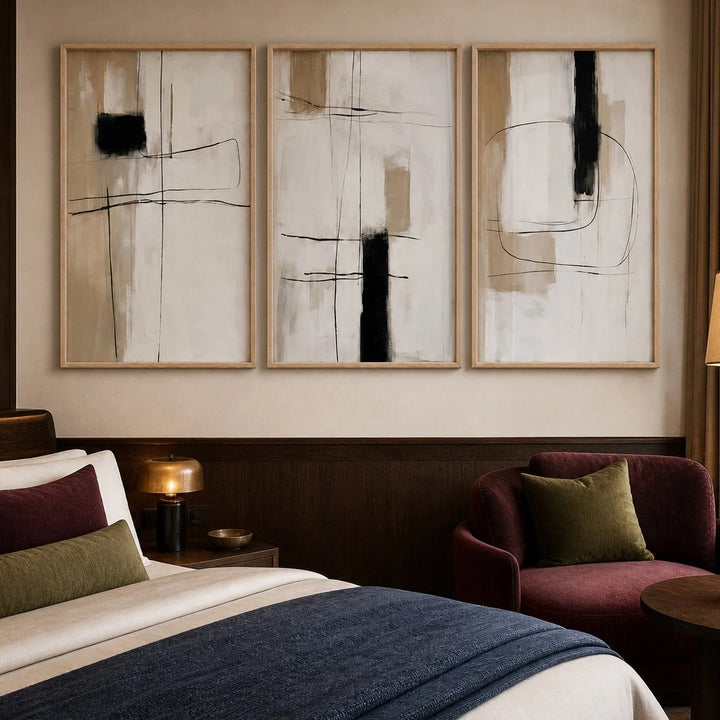 Beige and Black Japandi Abstract Wall Art Triptych – TP