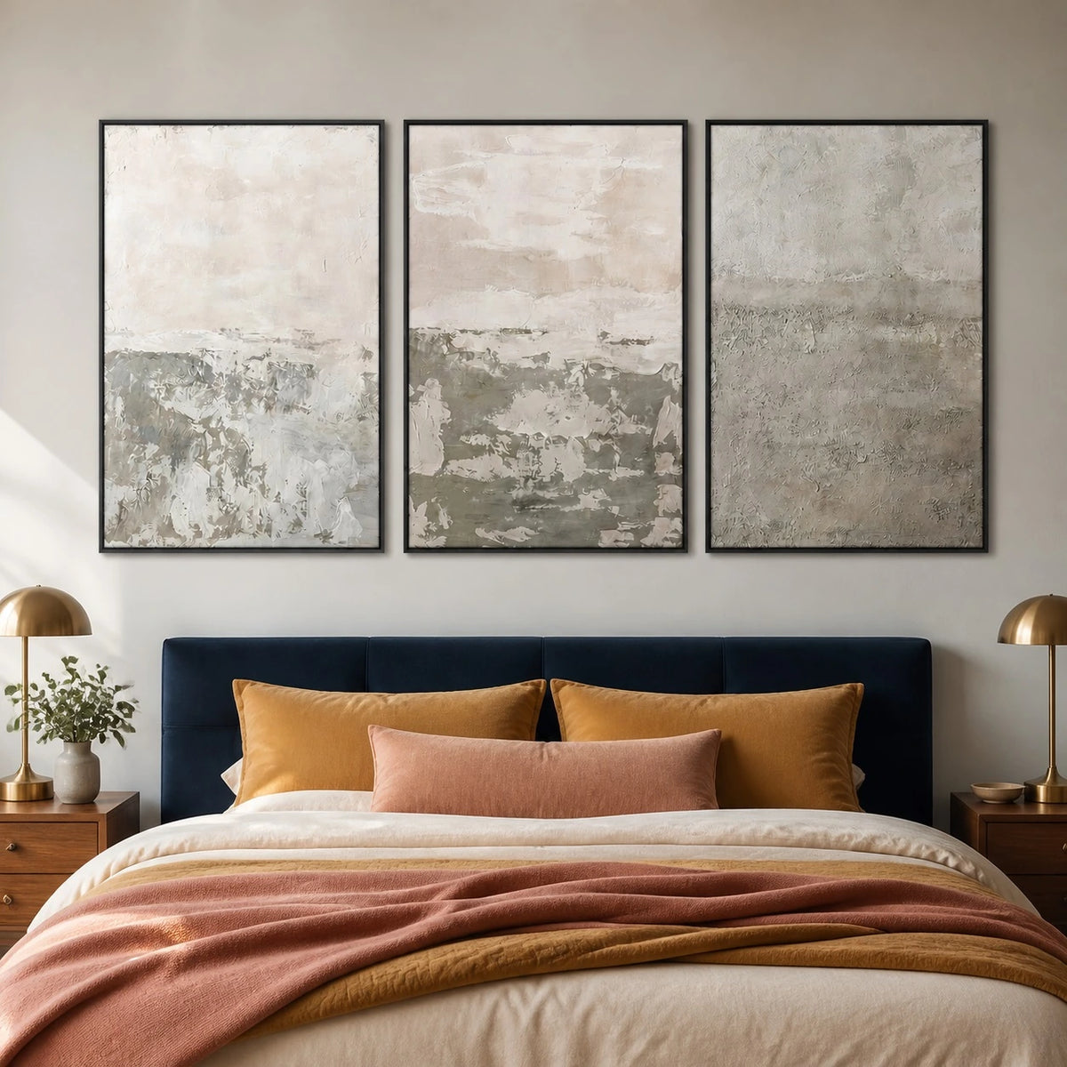 Beige Brown Abstract Oil Painting Triptych – TP#1401