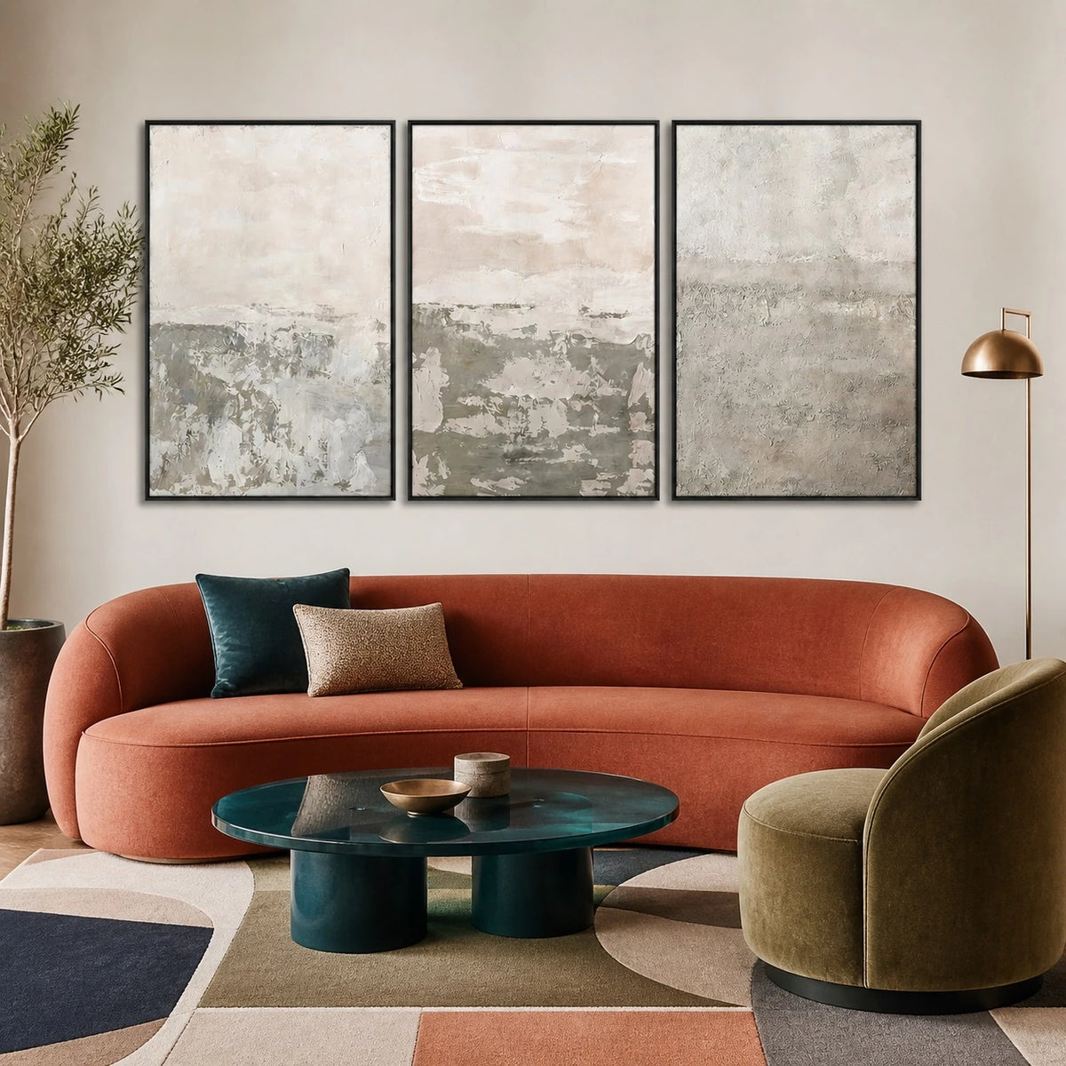 Beige Brown Abstract Oil Painting Triptych – TP#1401