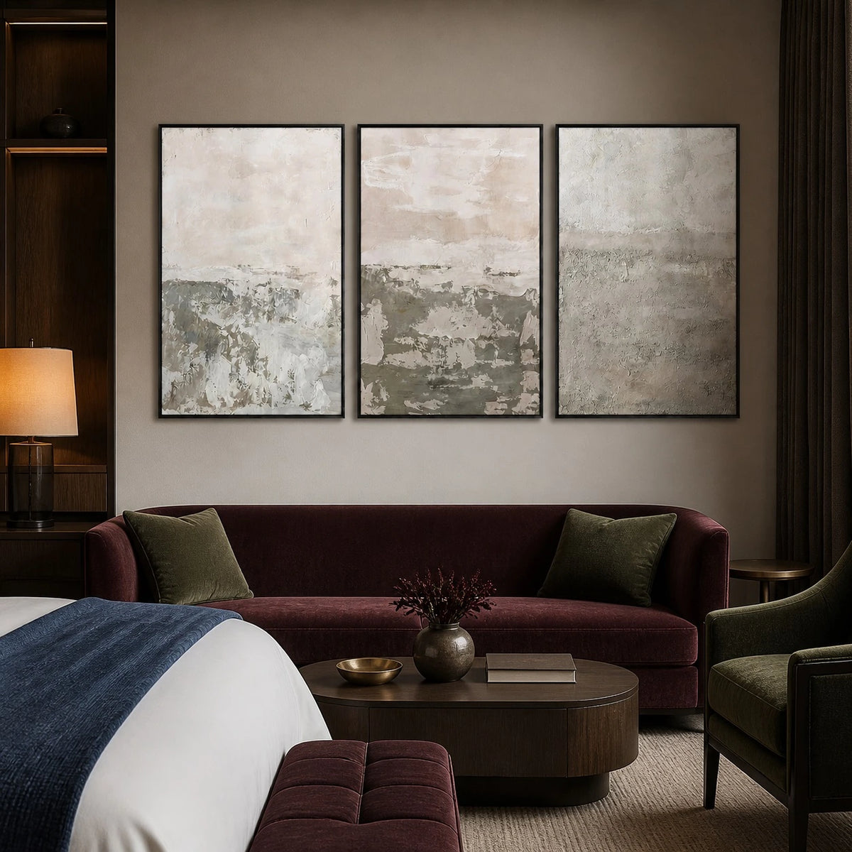 Beige Brown Abstract Oil Painting Triptych – TP#1401