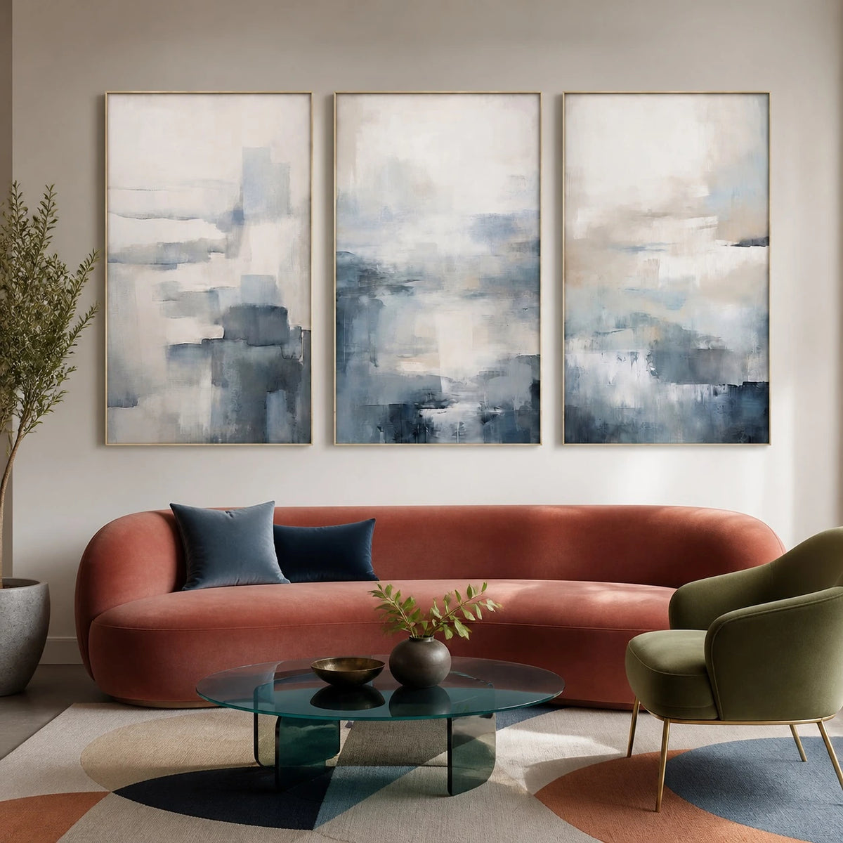 Blue Abstract Minimalist Wall Art Triptych – TP#1407