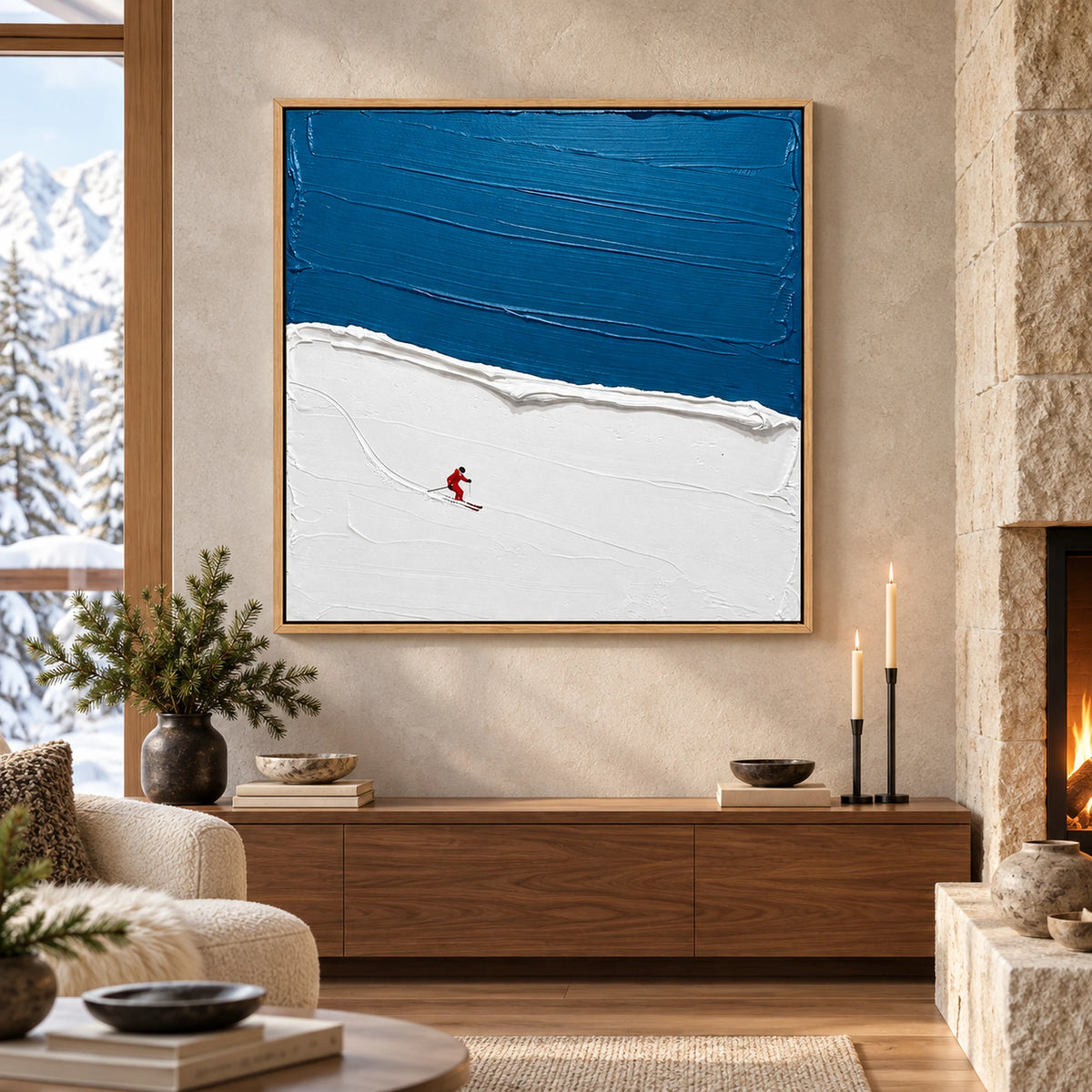 Blue Sky Lone Skier Oil Painting – SK#0902