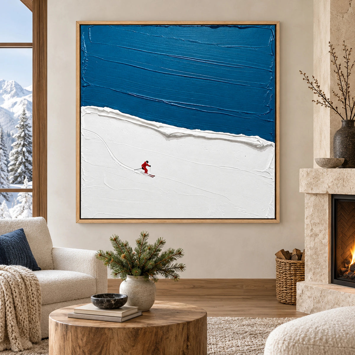 Blue Sky Lone Skier Oil Painting – SK#0902