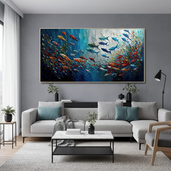 Chromatic Shoal – Textured Fish Hand-Painted Oil Painting