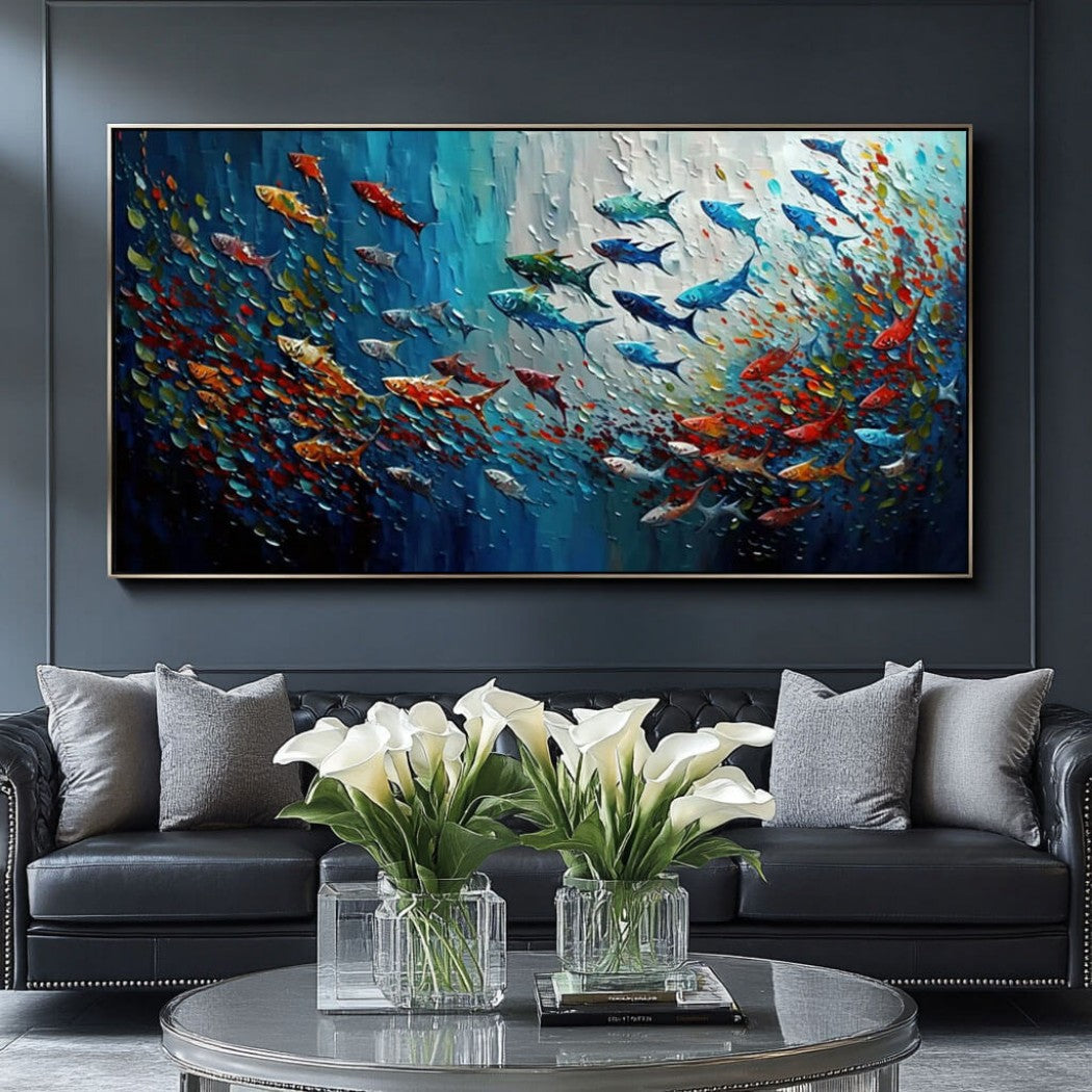 Chromatic Shoal – Textured Fish Hand-Painted Oil Painting