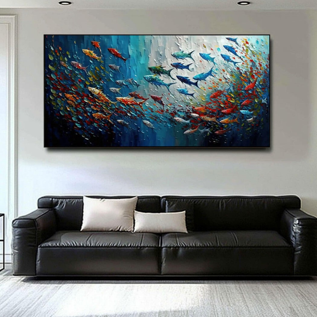 Chromatic Shoal – Textured Fish Hand-Painted Oil Painting