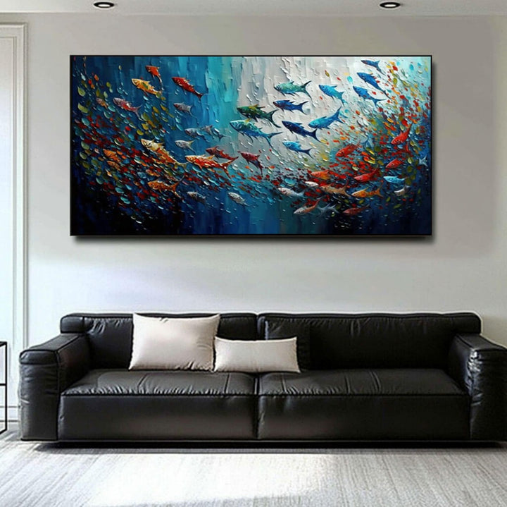 Chromatic Shoal – Textured Fish Hand-Painted Oil Painting