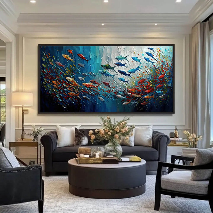 Chromatic Shoal – Textured Fish Hand-Painted Oil Painting