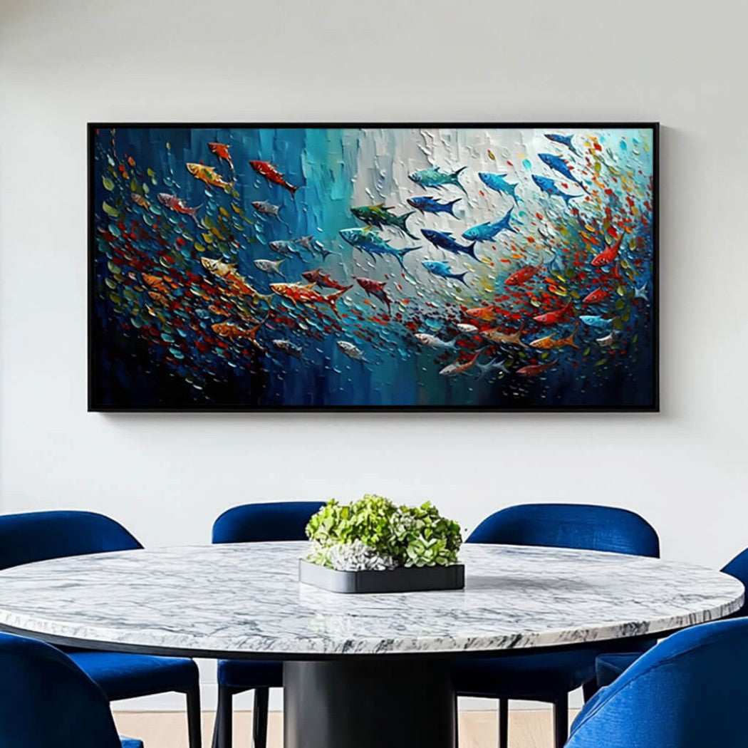 Chromatic Shoal – Textured Fish Hand-Painted Oil Painting