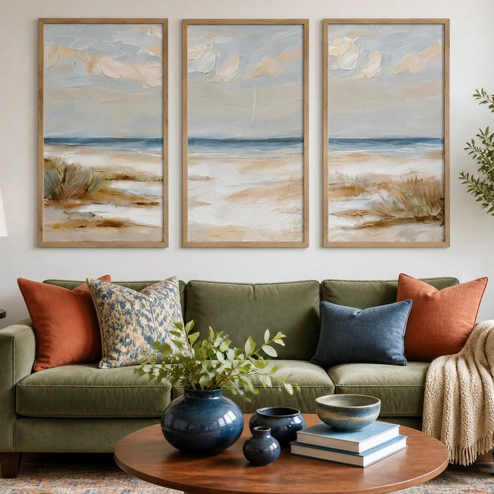 Coastal Neutral Beach Landscape Painting Triptych – TP