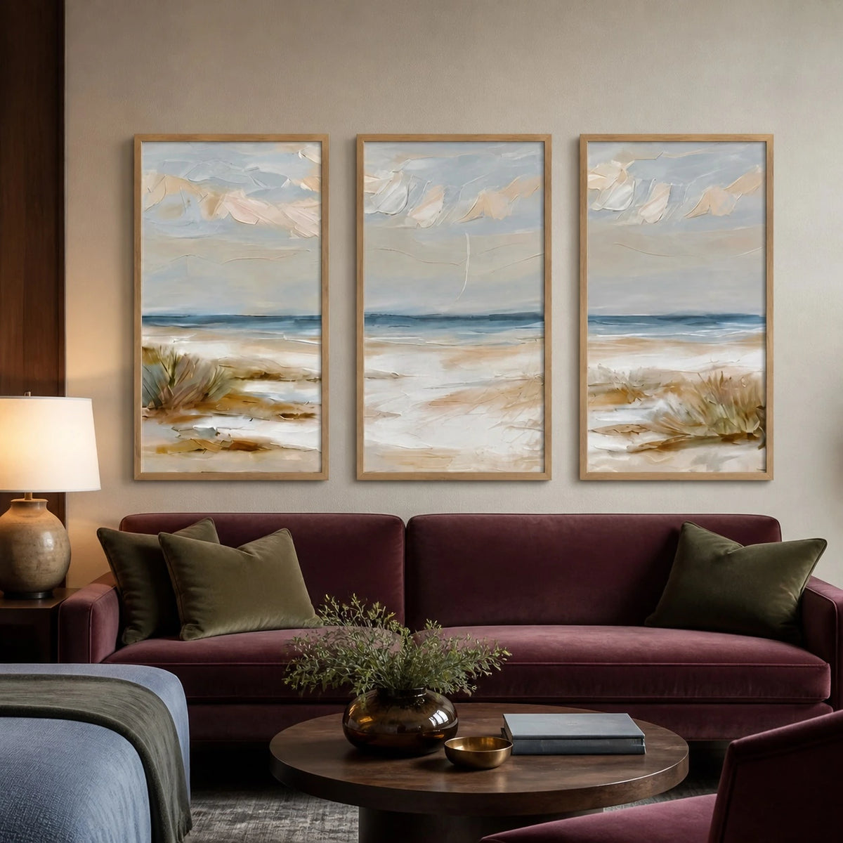 Coastal Neutral Beach Landscape Painting Triptych – TP#1411