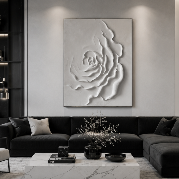 Minimalist White Rose Relief Wall Art for Modern Interior HM