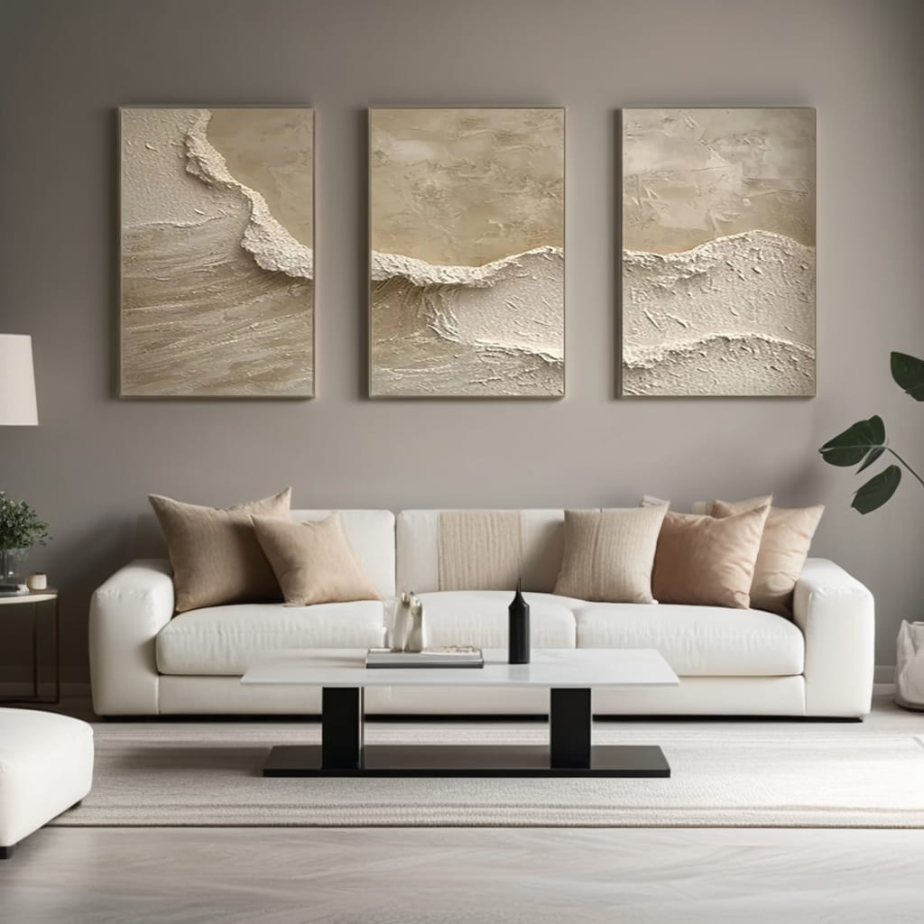 Sandstone Wave - Beige Textured Triptych Wall Art
