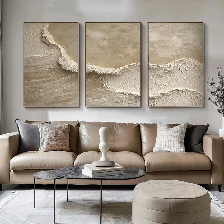 Sandstone Wave - Beige Textured Triptych Wall Art
