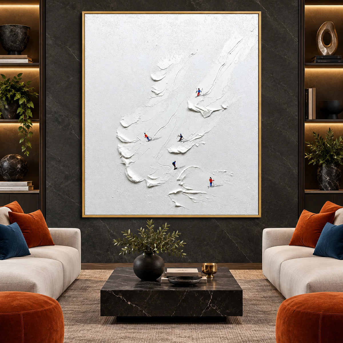 Minimal White Skiers Oil Painting – SK#0916