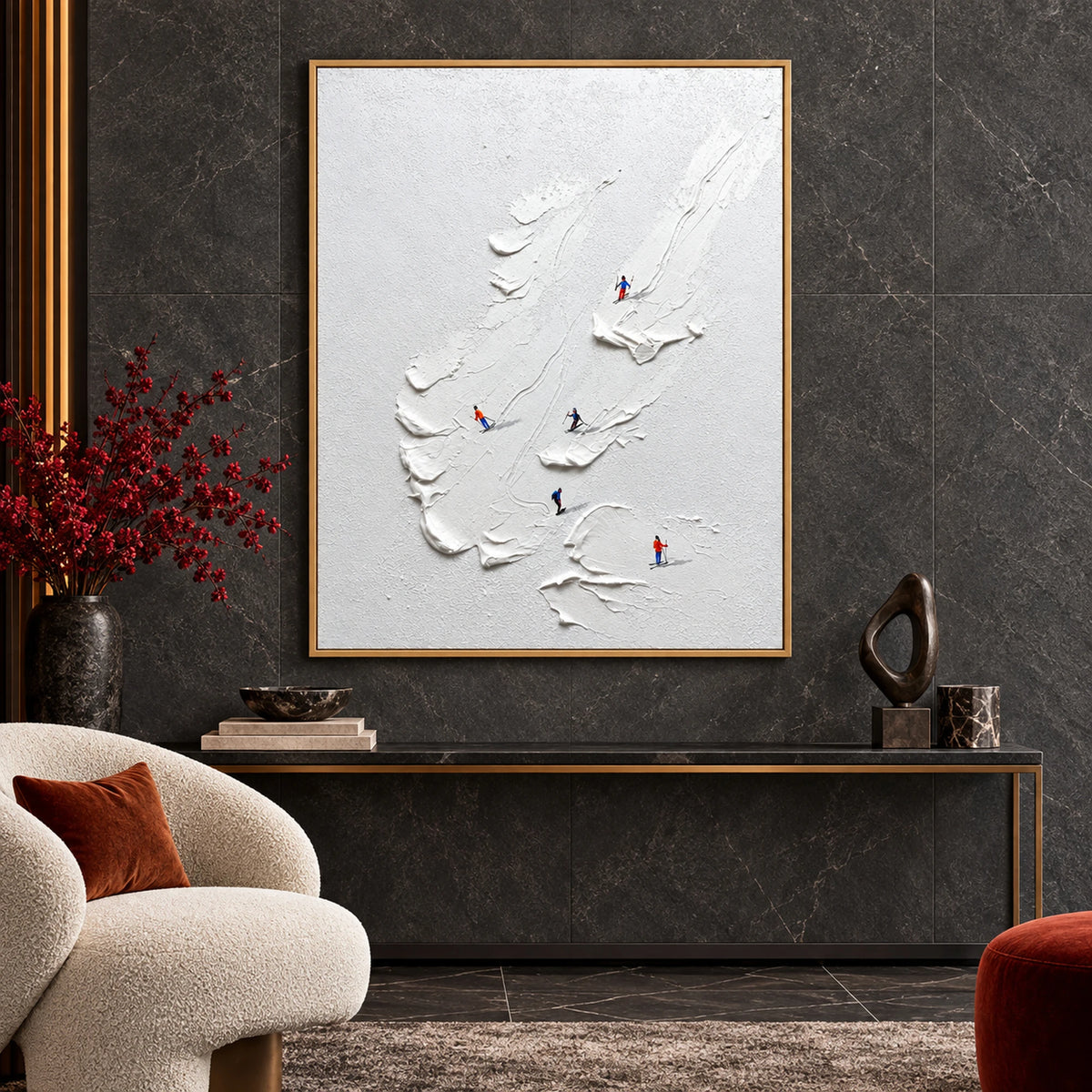 Minimal White Skiers Oil Painting – SK#0916