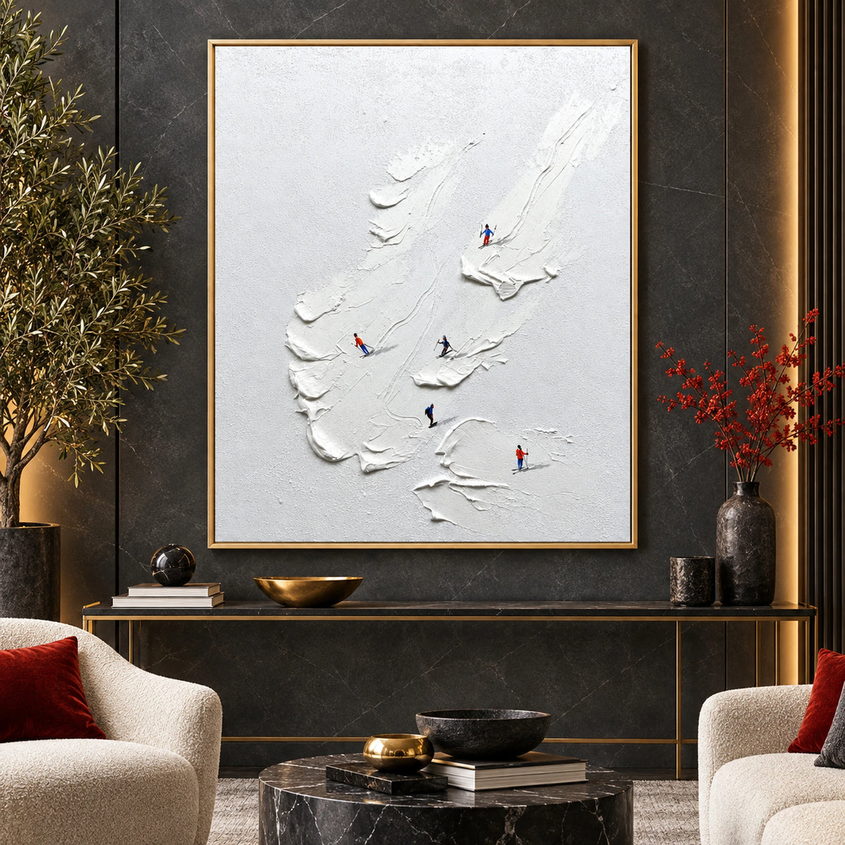 Minimal White Skiers Oil Painting – SK#0916