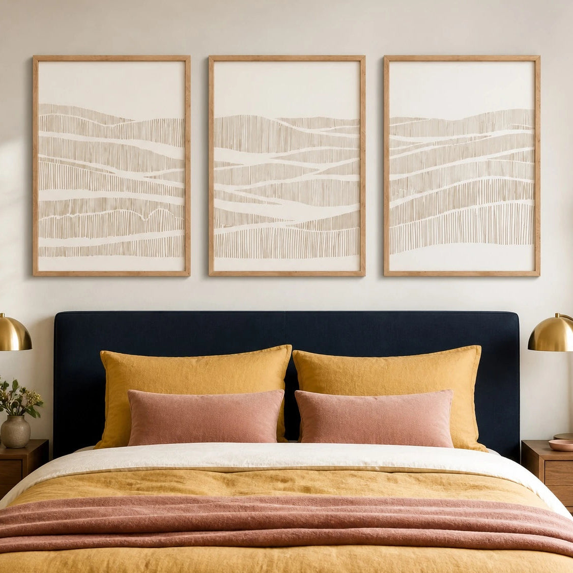 Same room with Neutral Wavy Line Abstract Wall Art Triptych – TP#1416 in Existing room preview