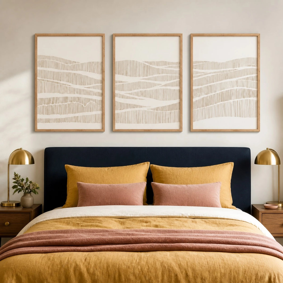 Neutral Wavy Line Abstract Wall Art Triptych – TP#1416