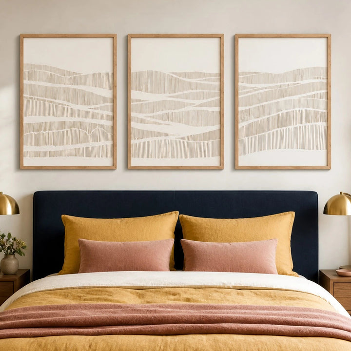 Neutral Wavy Line Abstract Wall Art Triptych – TP