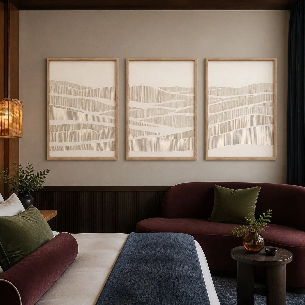 Neutral Wavy Line Abstract Wall Art Triptych – TP#1416