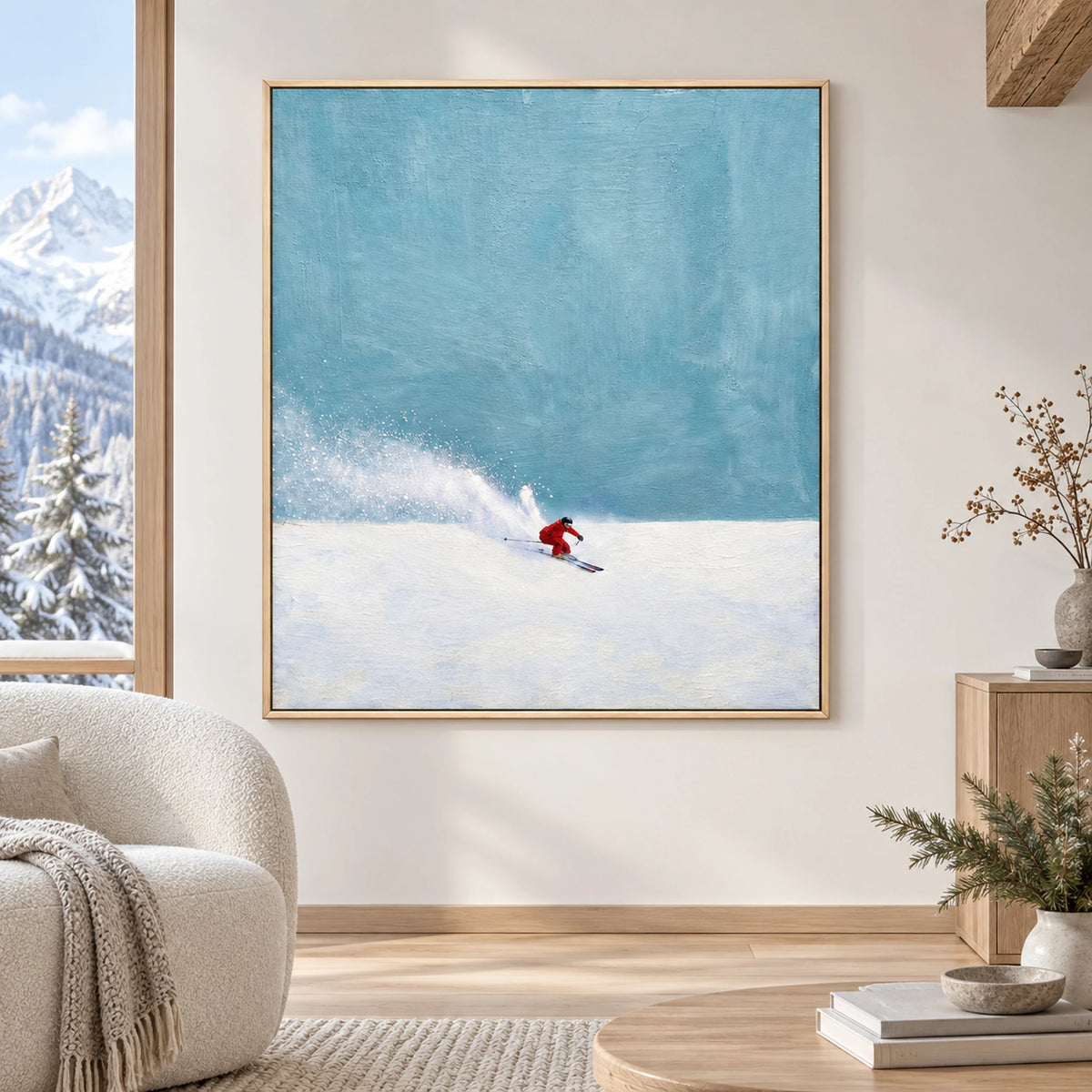 Minimalist Red Skier Oil Painting – SK#0901