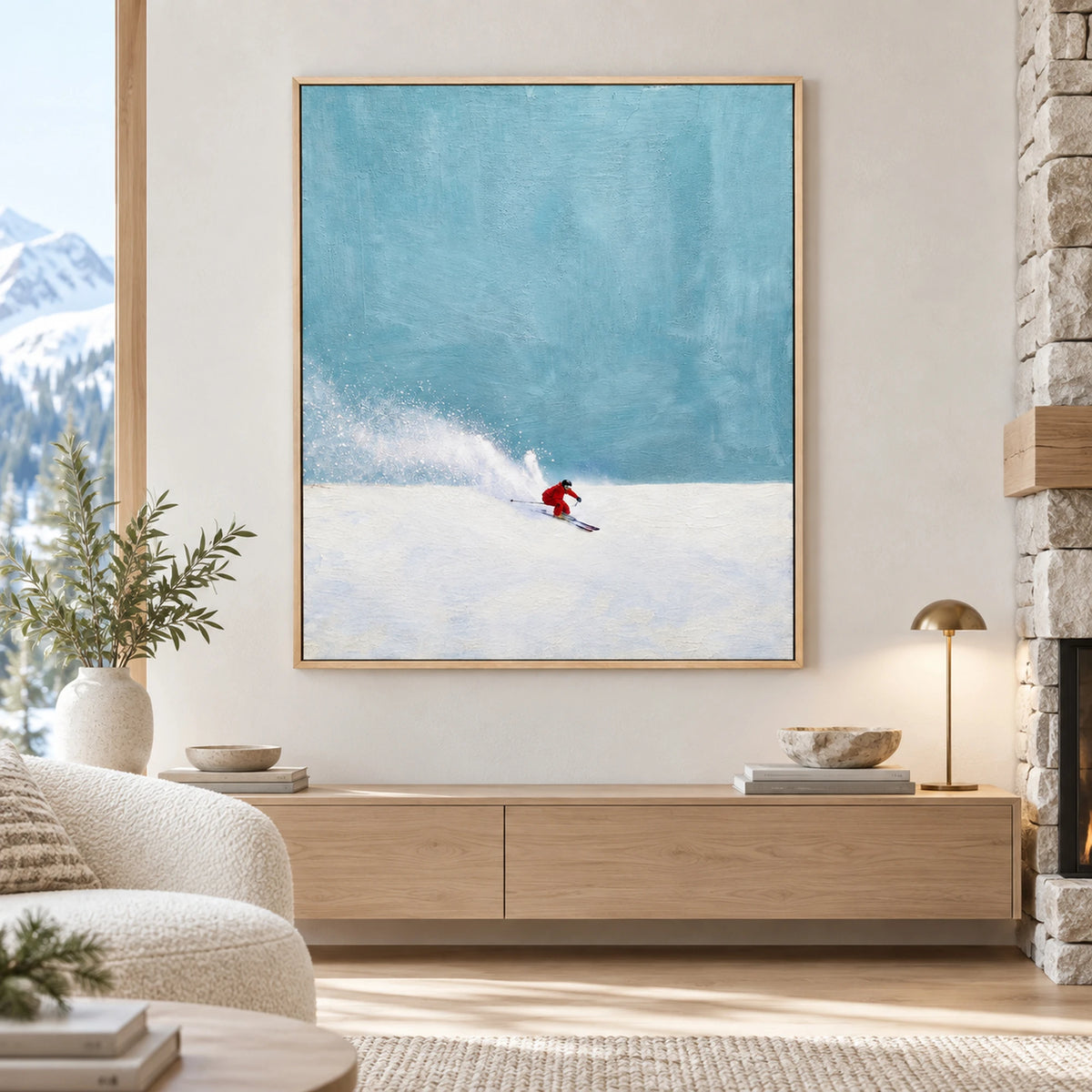 Minimalist Red Skier Oil Painting – SK#0901