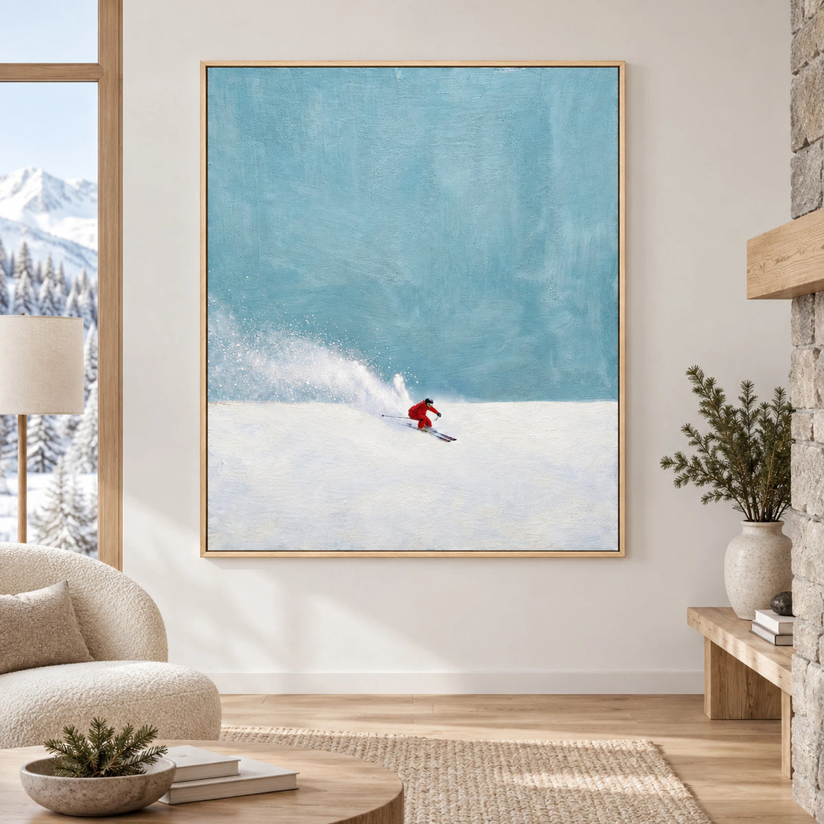 Minimalist Red Skier Oil Painting – SK#0901