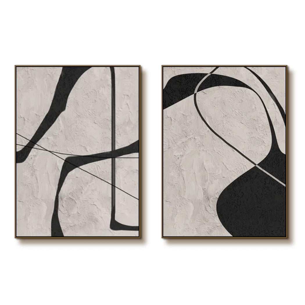 Monochrome Contour – Abstract Diptych Hand-Painted Oil Painting