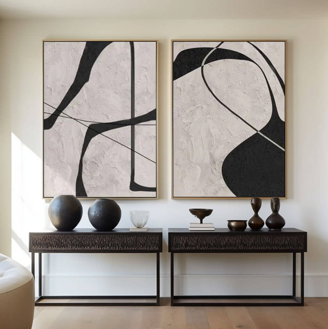 Monochrome Contour – Abstract Diptych Hand-Painted Oil Painting