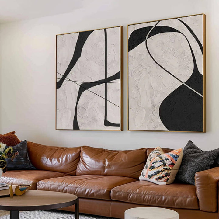 Monochrome Contour – Abstract Diptych Hand-Painted Oil Painting