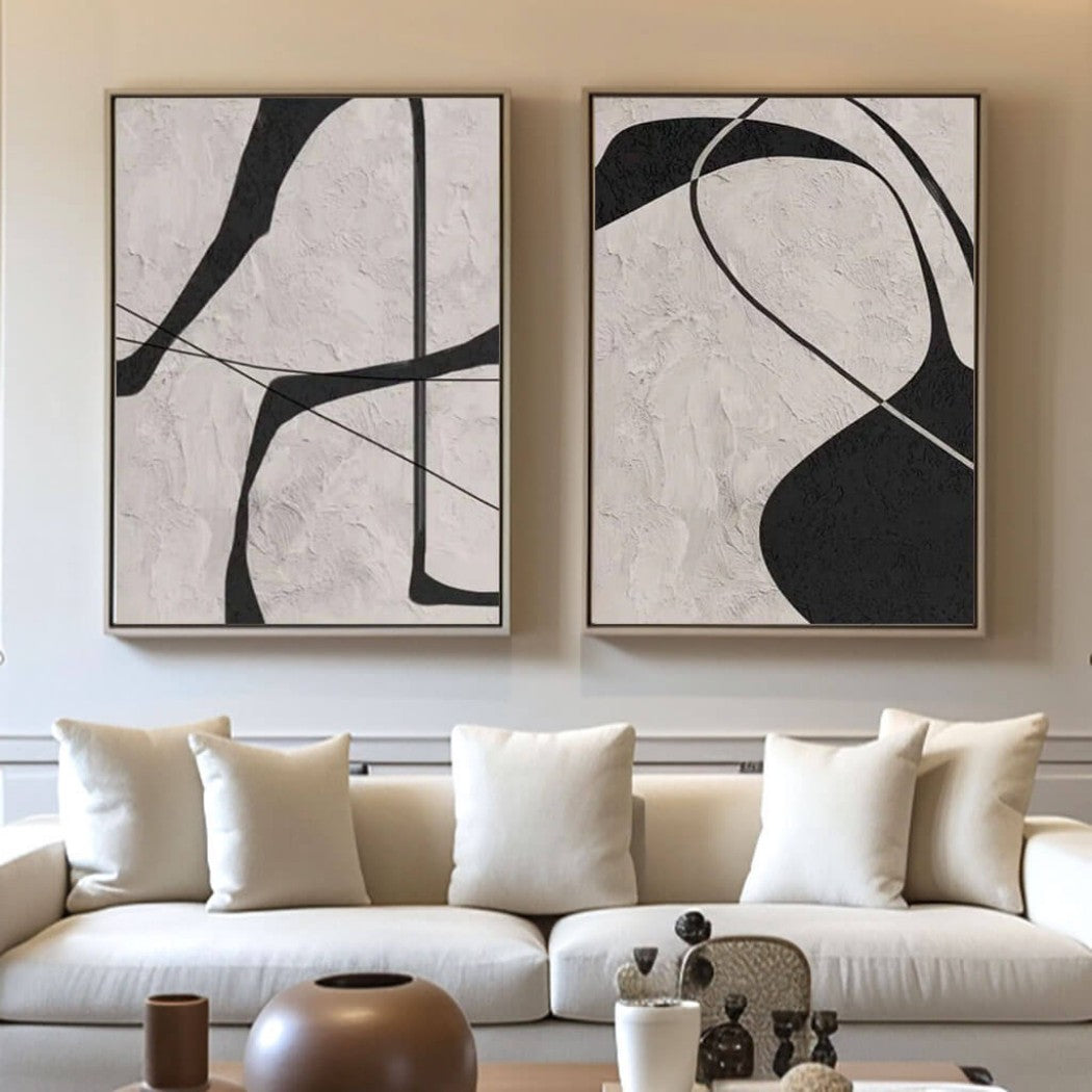 Monochrome Contour – Abstract Diptych Hand-Painted Oil Painting