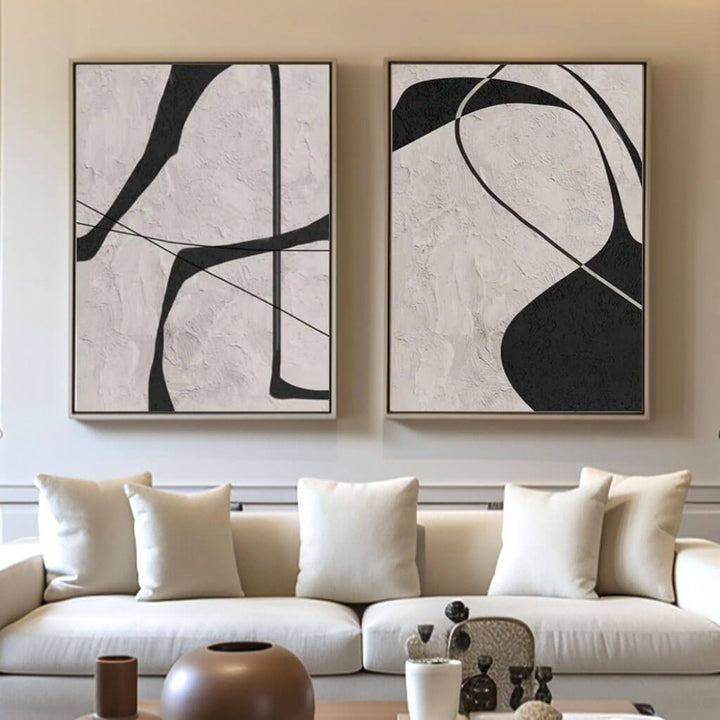 Monochrome Contour – Abstract Diptych Hand-Painted Oil Painting