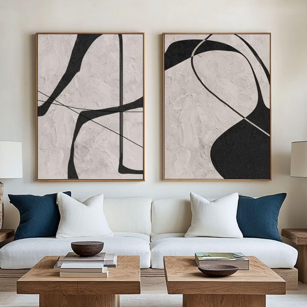 Monochrome Contour – Abstract Diptych Hand-Painted Oil Painting