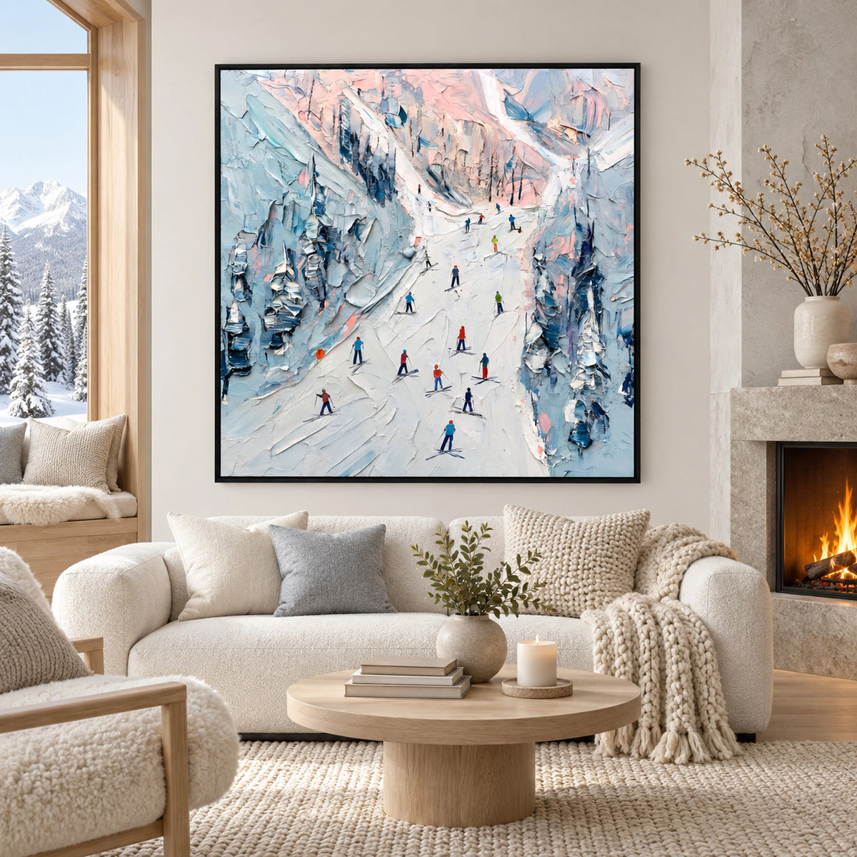 Pastel Alpine Skiers Oil Painting – SK#0935