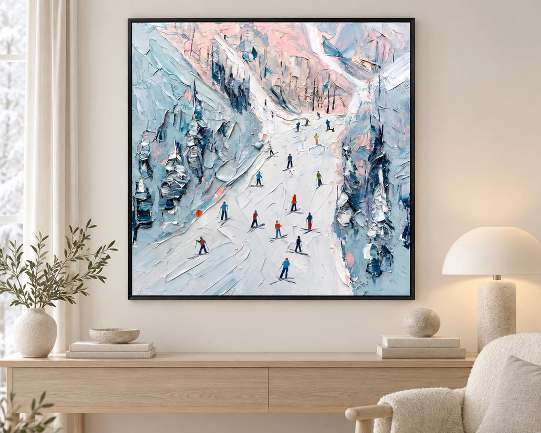 Pastel Alpine Skiers Oil Painting – SK