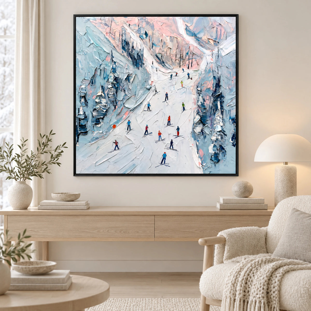 Pastel Alpine Skiers Oil Painting – SK#0935