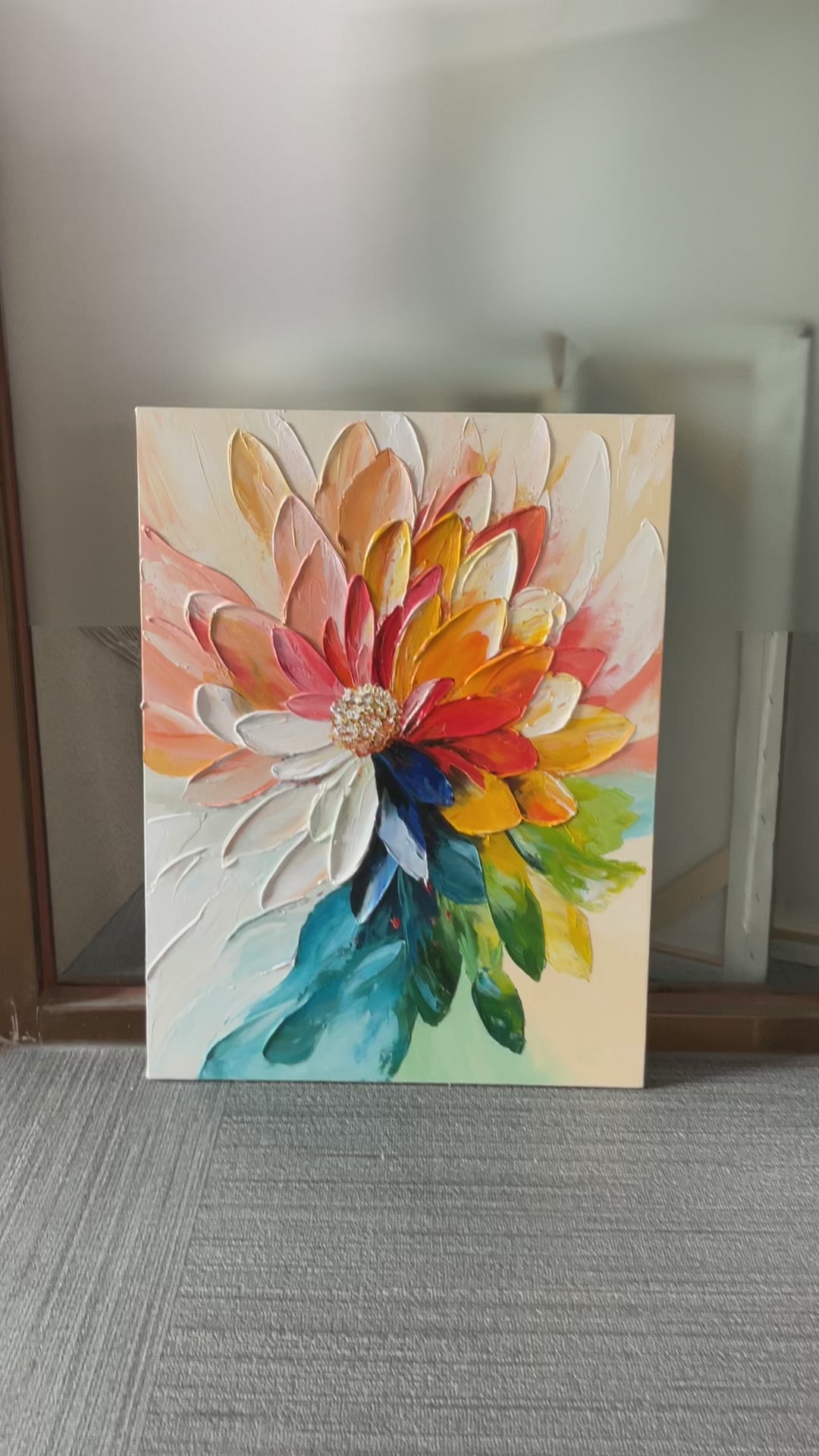 Vibrant Rainbow Dahlia Thick Impasto Floral Art TA