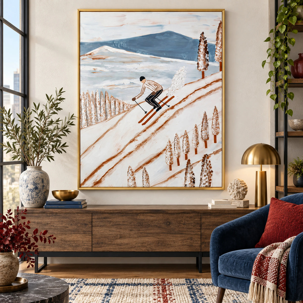 Retro Mountain Skier Oil Painting – SK#0934