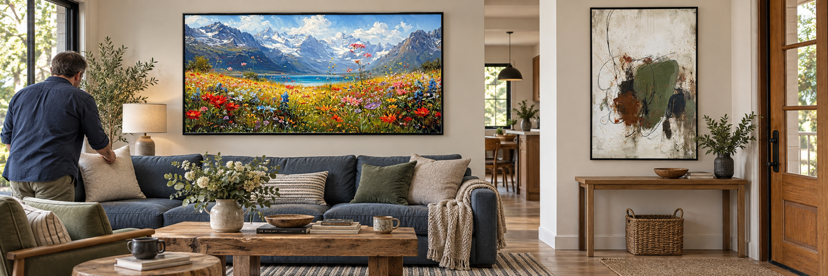Landscape and abstract hand-painted artwork in a welcoming home