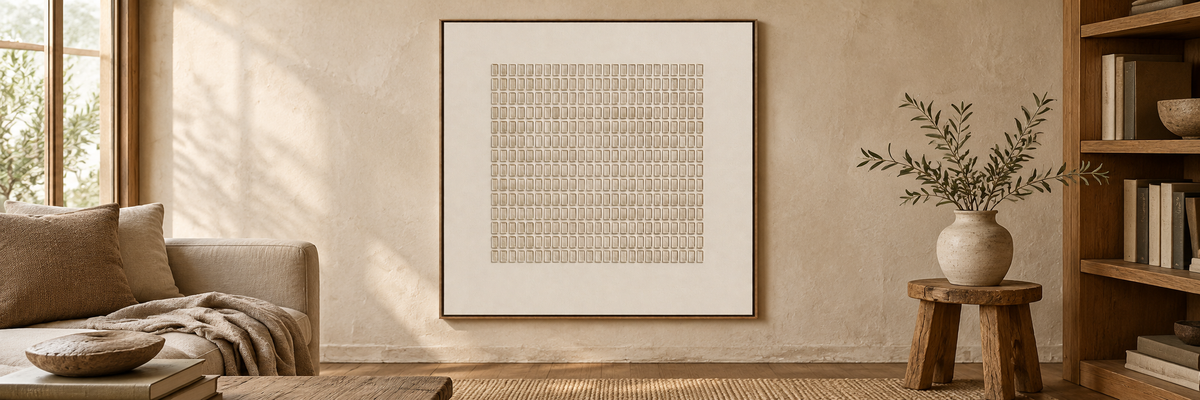Ivory grid relief painting in a natural plaster and linen reading room